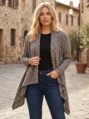 Bobeau Animal Print Open Front Drape Cardigan Sweater Size Large Gray